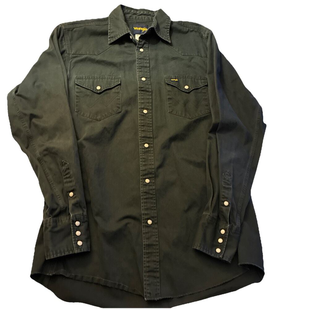 Vintage Wrangler Western Shirt Mens L Tall Green Brushpopper Canvas Pearl Snap